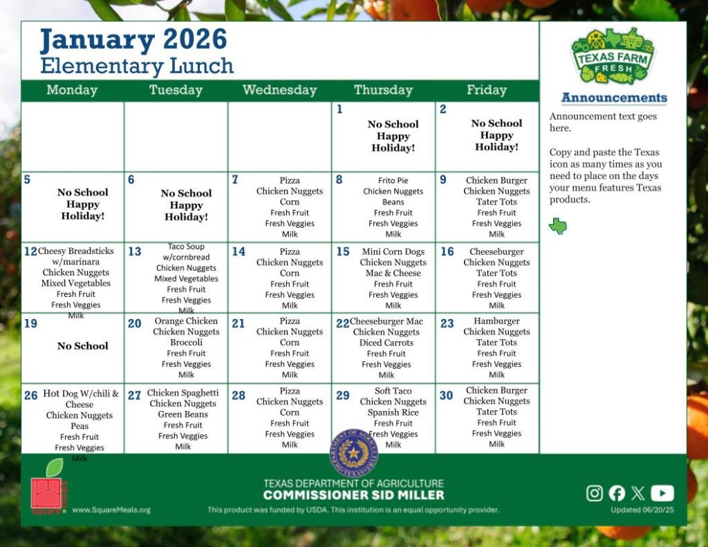 A menu providing lunch options for the month of January